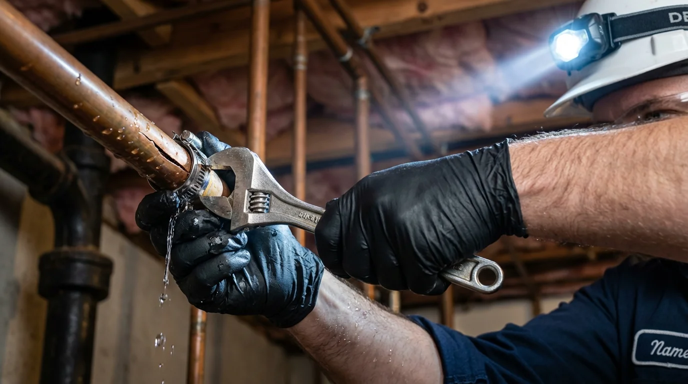 Emergency pipe clamp repair being performed by a Johns Plumbing LLC plumber in Front Royal