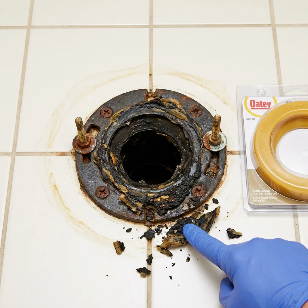 Failed wax ring showing water seepage at the base of a toilet in a Front Royal, VA home