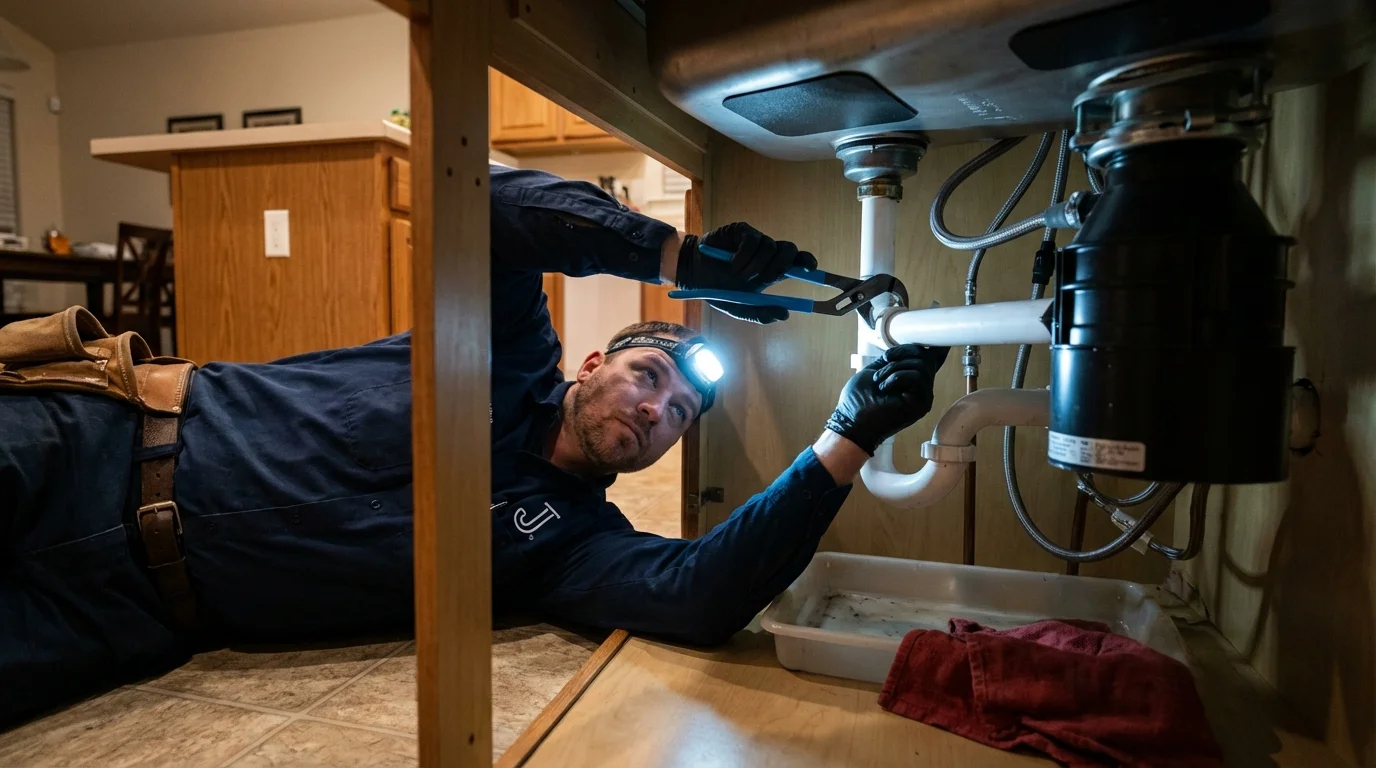 P-trap and supply line connections under a kitchen sink showing a common leak point in Front Royal, VA